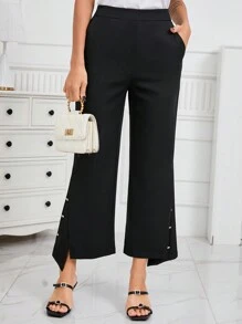 Modelyn 女式鈕扣不對稱喇叭褲配側口袋 - 黑色 - 查看 3