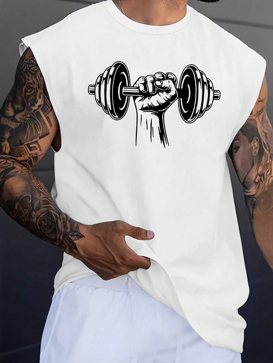 Manfinity Dauomo Men's Weightlifting Printed Round Neck Summer Tank Top - White - View 1