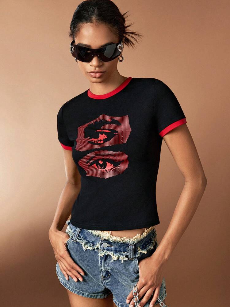 Eye Repair Print Color Contrast Patchwork Round Neck Short-Sleeved T-Shirt