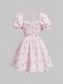 SHEIN MOD Vintage Sweet Puff Sleeve Plus Size Dress - Pink - View 2