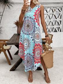 SHEIN Holidaya 女士曼陀羅印花海灘假期風格無袖夏季裙 - 藍色 - 查看 3