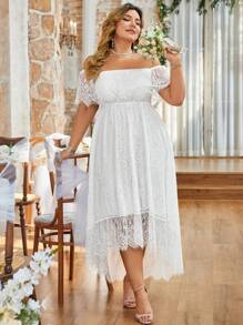 SHEIN Holidaya 加大尺碼女性優雅不對稱蕾絲露肩長裙,適合夏季 - 白色 - 查看 6