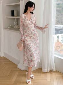 Dazy Designer Đầm dài tay loe họa tiết hoa thanh lịch dành cho nữ xuân/thu, xếp nếp - Nhiều màu - Xem 4