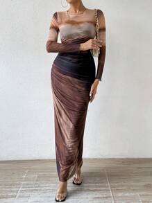 Chiquease Gradient Color Round Neck Pleated Long Sleeve Dress Maxi Women Outfit Fall Cloth For Women - Coffee Brown - View 4