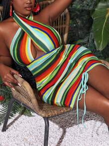 Slaydiva Slayr 大码度假休闲弹力针织提花修身镂空抽绳连衣裙，夏季 - 彩色 - 查看 2