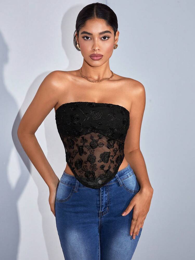 夏の音楽フェス エンブロイダリー生地 チューブトップ ブラックコルセットトップ ゴシックトップス