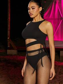 SHEIN Unity 镂空系带纯色圆领无袖性感紧身衣 - 黑色 - 查看 6