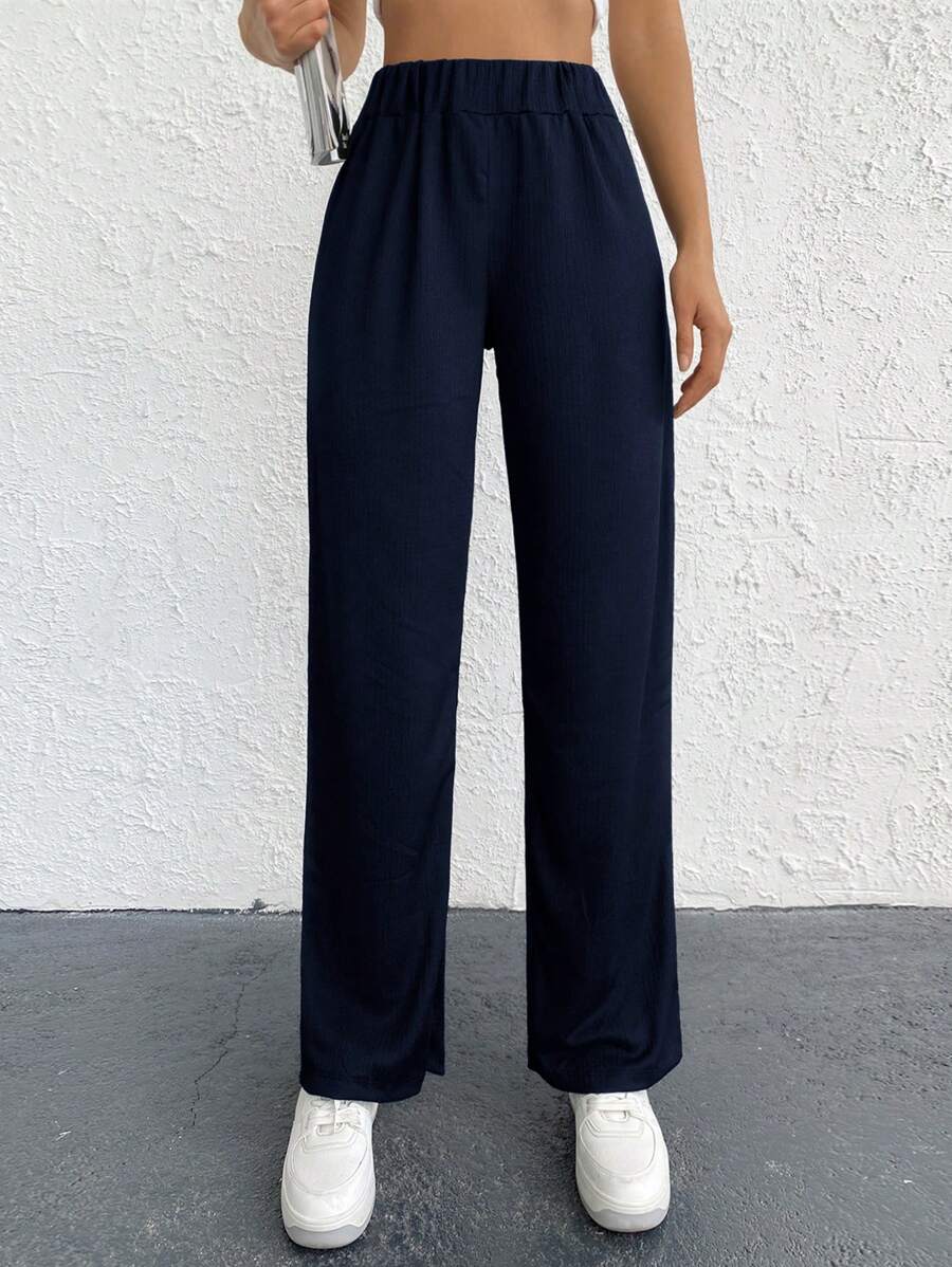 EURMUSE Ladies' Solid Color Casual Full Length Straight Pants - Navy Blue - View 1