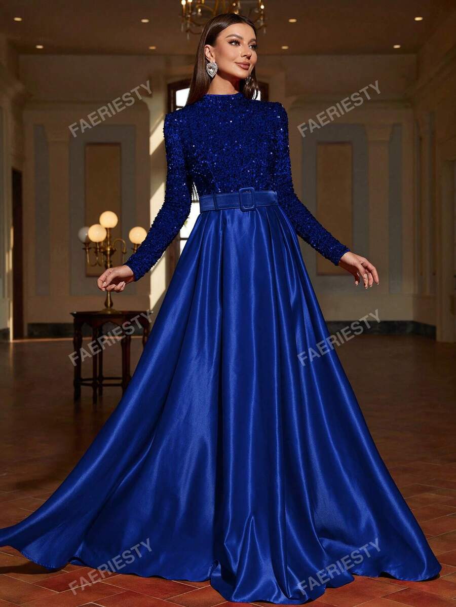 Faeriesty Vestido formal de satén con cuello alto y lentejuelas de contraste Faeriesty