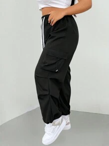 Calvaya Plus Size Women's Parachute Cargo Trousers - Black - View 1