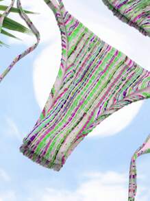 SHEIN Swim Women's Printed Halterneck Spaghetti Strap Bralette & Tie Side Bikini Set Bottom Two Pieces Bikini Set Summer Beach - Green - View 3