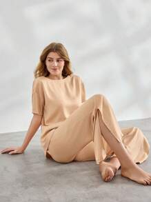Ocili Leisure Women's Solid Color Drop Shoulder Short Sleeve Homewear Set