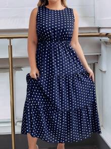 SHEIN Clasi Kích thước lớn Chấm bi Váy không tay Đối với phụ nữ - Xanh đậm - Xem 3