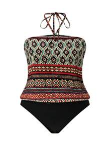 SHEIN LUNE 女性加大碼幾何圖案和花卉圖案雙色系綁頸連體衣,適合夏季穿著 - 彩色 - 查看 1