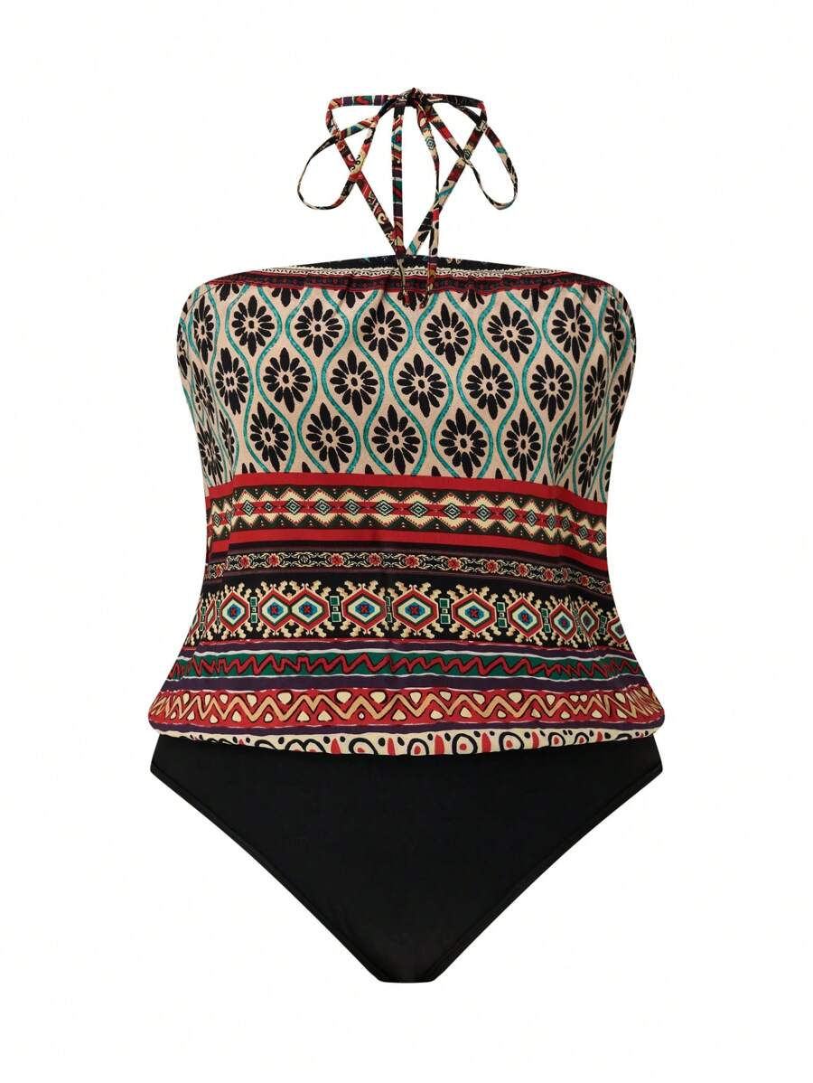 SHEIN LUNE 女性加大碼幾何圖案和花卉圖案雙色系綁頸連體衣,適合夏季穿著 - 彩色 - 查看 1