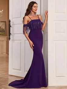 Sleeveless Sequins Fringe Mermaid Evening Dress - Purple - View 4