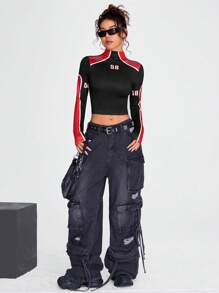 Coolane Letter Graphic Mock Neck Colorblock Crop Tee
