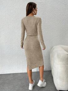 SHEIN PETITE Ribbed Knit Long Sleeve Cardigan & Cami Dress Set - Apricot - View 2