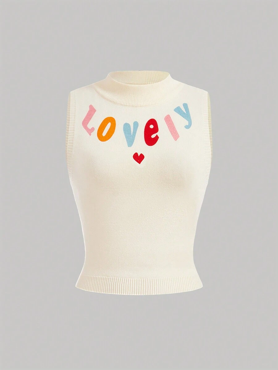 SHEIN Qutie Women's Long Sleeve Knitted Top With Stand Collar And Heart & Letter Print