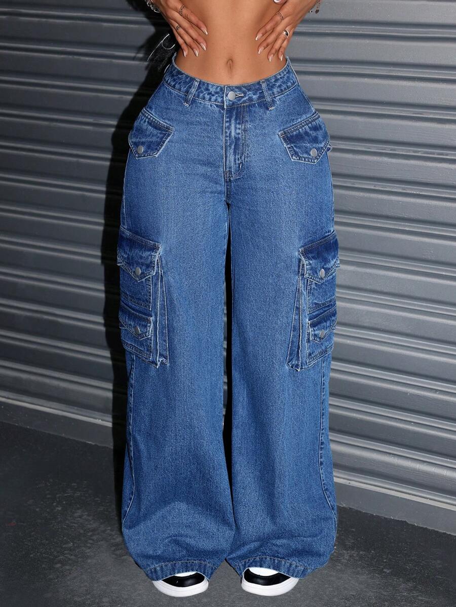 SHEIN ICON سروال واسع للنساء من الدنيم بجيوب شحن - أزرق متوسط - مشاهدة 1
