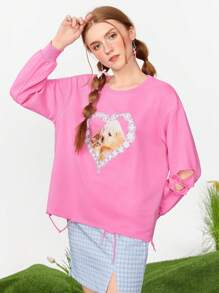 SHEINNeu Women's Printed Washed And Torn Pink Long Sleeved Hoodie - Pink - View 3