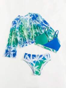 Tween-Mädchen Farbblock Bikini Set mit BadeCover-Up für den Sommerstrand - Graublau - Übersicht 5