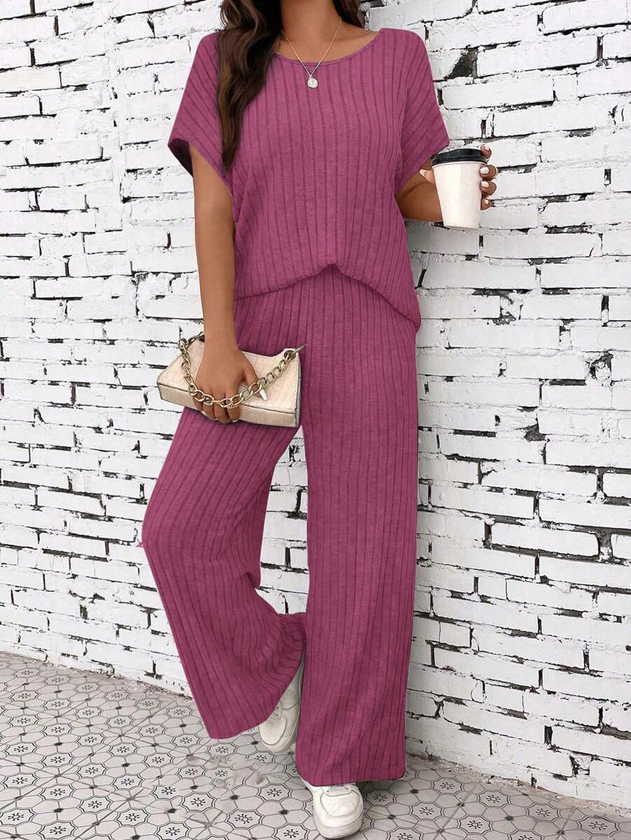 EMERY ROSE 女性圓領蝙蝠袖t恤和褲子兩件套裝 - 玫紅色 - 查看 1