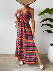 Breezaya Vestido De Tirantes De Espagueti Para Mujer Con Estampado Geométrico Y Cintura Ajustada - Multicolor - Ver 5