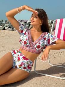 SHEIN Swim Bộ bikini cạp cao in hoa dành cho nữ, hoàn hảo cho kỳ nghỉ ở bãi biển mùa hè - Nhiều màu - Xem 1