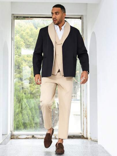 Manfinity Homme Men's Plus Size Contrast Color Shawl Collar Single Breasted Blazer, Double Breasted Vest, And Straight Leg Trousers Suit Set