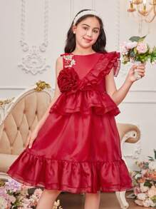 SHEIN Tween Girls' Elegant Round Neckline Layered Ruffle Edge Dress With 3d Flower Decor - Burgundy - View 3
