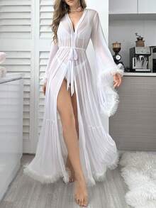 Women's Long Sheer Robe With 3d Lace Floral Detail And Bell Sleeves - White - View 3