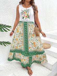 SHEIN VCAY Plus Size Vacation Leisure Printed Splice Sleeveless Dress - Multicolor - View 4