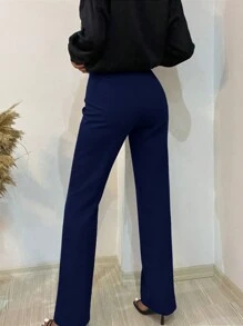 EURMUSE Pantalones Acampanados De Color Sólido Para Mujer - Azul Marino - Ver 2