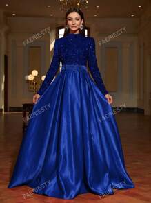 Faeriesty Vestido formal de satén con cuello alto y lentejuelas de contraste Faeriesty