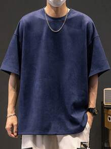 1 chiếc áo thun nam tay ngắn cổ tròn màu trơn, chất liệu giả da lộn nhẹ, kiểu dáng thường ngày, thích hợp cho mùa hè. - Màu xanh hải quân - Xem 4