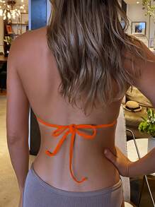 SHEIN Swim Women's Solid Color Halter Neck Bikini Top, Suitable For Summer, Beach, Swimming Pool - Coral Orange - View 2