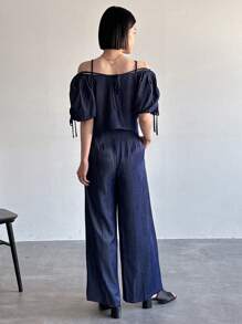 FRIFUL Ladies' Solid Color Drawstring Off-Shoulder Top And Long Pants Two Pieces Set, Suitable For Summer, Ruffle Lounge Sets For Women - Blue - View 7