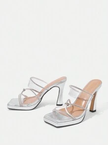 Women's High Heel Slide Sandals , Thick Heel, Strip Decoration And Simple Rhinestone Vacation Shoes Summer - Silver - View 7
