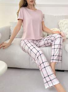 Women's Solid Color Round Neck Short Sleeve T-Shirt And Plaid Long Pants PJ Set / Pajama Set, Suitable For Summer - Baby Pink - View 4