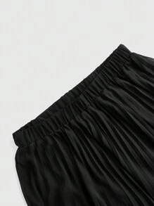 SHEIN Privé 大尺碼女士優雅褶皺雪紡a字裙,適合春夏旅行 - 黑色 - 查看 8