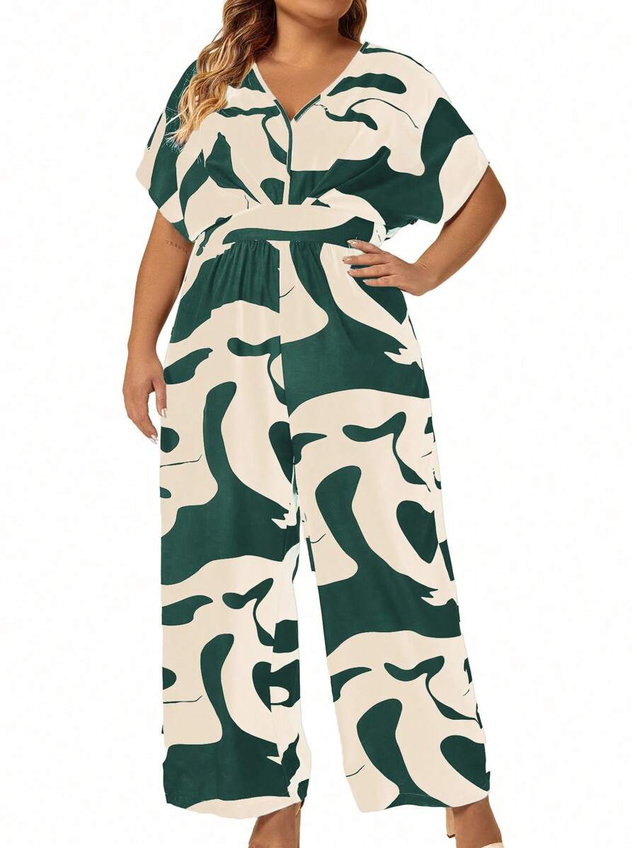 SHEIN Clasi Plus Size Women's Summer Geometric Print V-Neck Batwing Short Sleeve Jumpsuit - Green - View 1