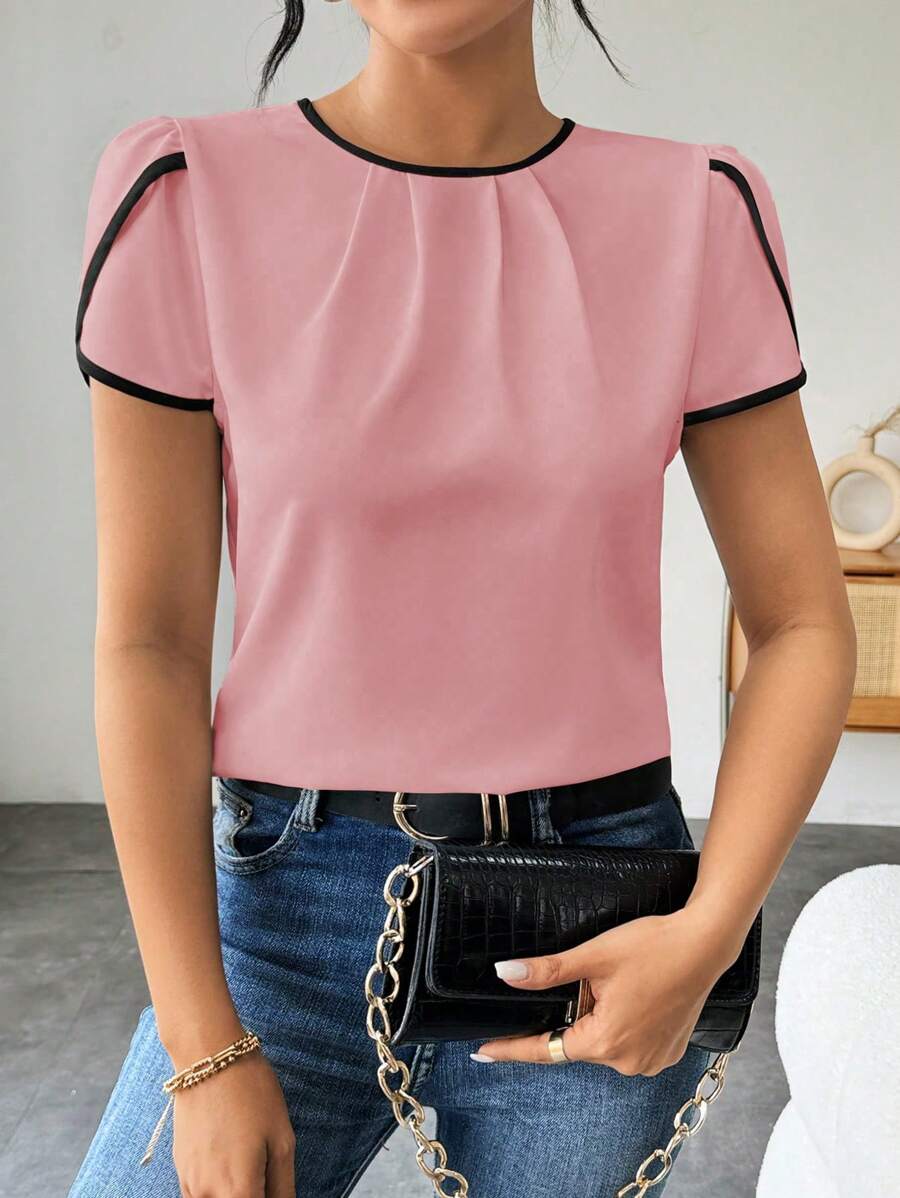 SHEIN LUNE Women's Round Neck Color Block Trim Casual Short Sleeve Blouse - Pink - View 1