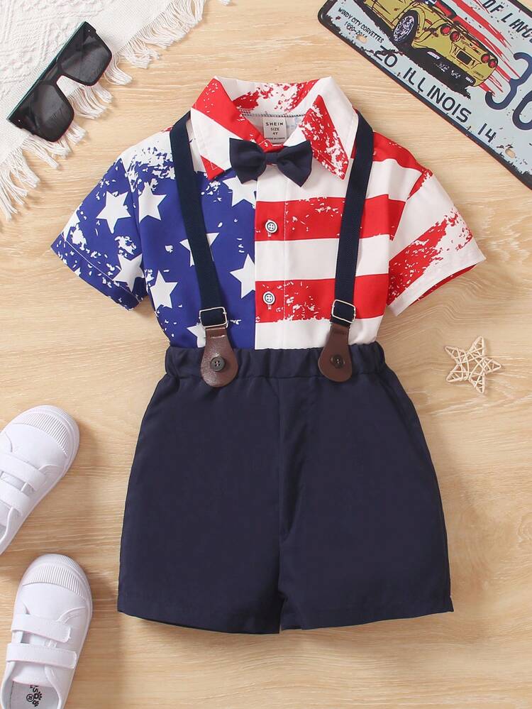 Young Boy's Gentleman 2pcs Set With Black Bow Tie And Blue Star & Red Stripe Shirt With Suspenders, Suitable For Birthday Parties, Evening Parties, Performances, Weddings, One-Month Parties, Baptisms And First Birthday Celebrations