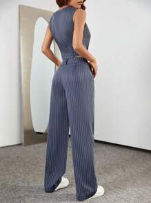 Flirla Sọc Single-breasted Bộ đồ Áo vest Và Xếp li Quần ống côn Bộ đồ Với Túi nghiêng - Màu Xám nhạt - Xem 2