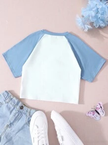 SHEIN Tween Girl Blue Printed Raglan Sleeve Short Sleeve T-Shirt