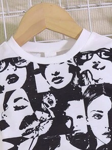 SHEIN Conjunto De 2 Piezas Para Niña Joven Con Estampado De Personaje, Incluye Shorts Y Camiseta Con Falda De Cintura Alta Con Diseño De Bolsillo, Un Atuendo Estilo Callejero Genial - Multicolor - Ver 5