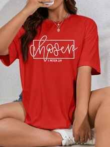 SHEIN EZwear 大尺碼字母印花下垂肩t恤