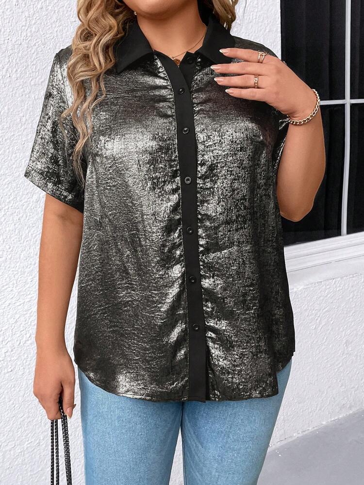 Plus Size Women's Fashionable Short Sleeve Button Down Shirt