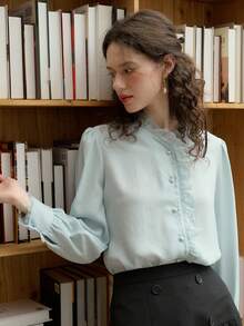 Simple Retro Ladies' Solid Color Lace Trim Casual Shirt - Blue - View 7